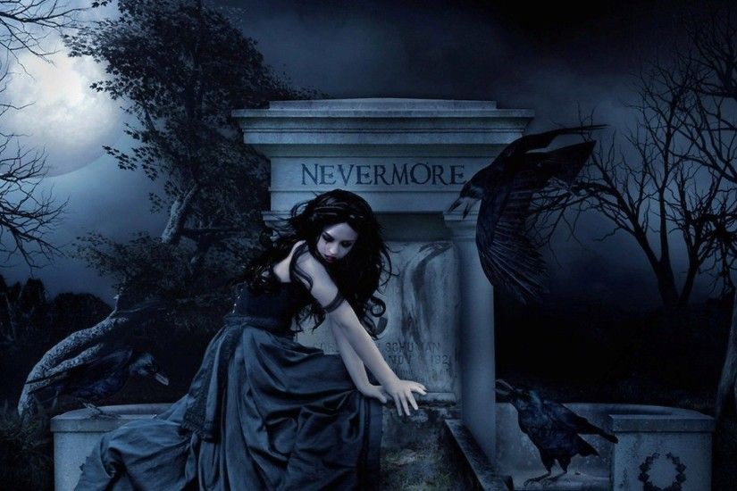 Fantasy - Dark Fantasy Gothic Woman Black Hair Gravestone Raven Moon  Wallpaper