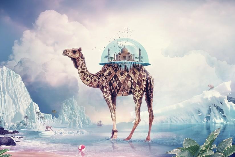 Taj mahal camels digital art surreal wallpaper