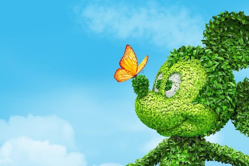 Preview wallpaper mickey mouse, grass, flowers, butterfly, toon 1920x1080