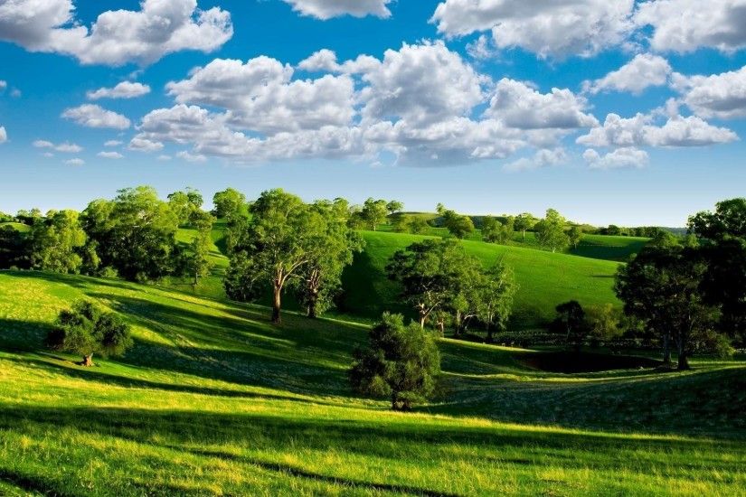 Preview wallpaper summer, hills, trees, green, meadows, clouds, sky,