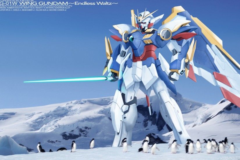 Wallpaper of Wing Gundam hanging out with some Penguins