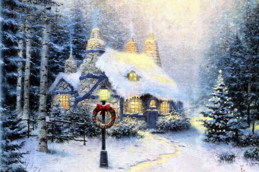 christmas decoration pattern stonehearth hutch landscape winter painting thomas  kinkade stone cottage window garland christmas wreath