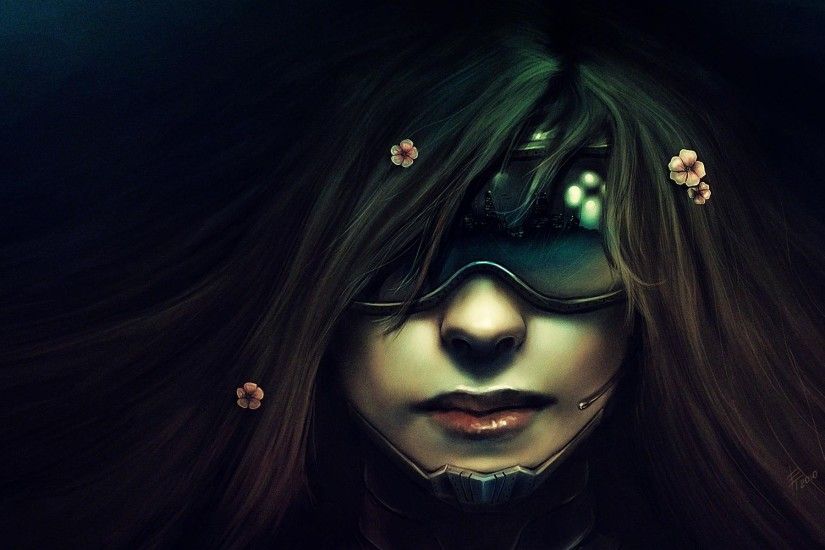Women Flowers Futuristic Glasses Long Hair Cyberpunk Masks Artwork  Neuromancer Wallpaper At Fantasy Wallpapers