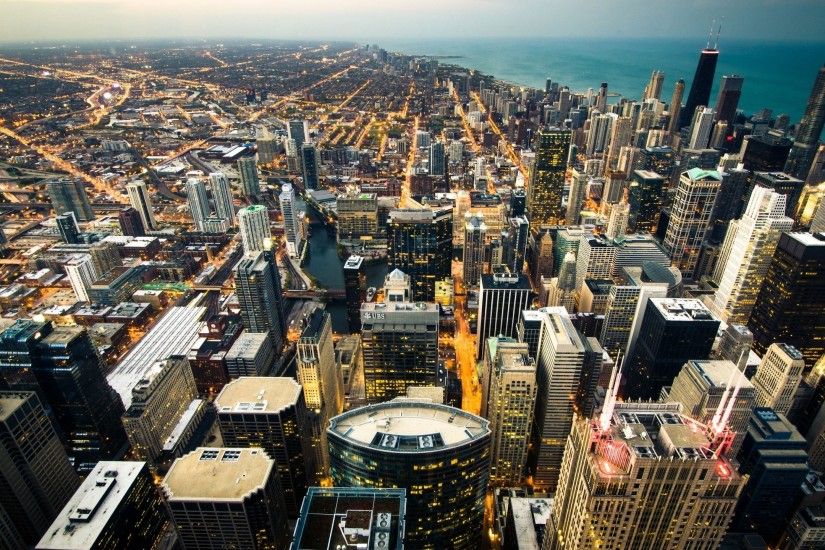 2560x1440 Wallpaper chicago, skyline, city lights, coastline
