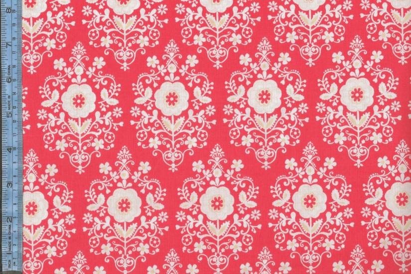 Butter Cream - butter yellow and white floral damask design on orange-red  background