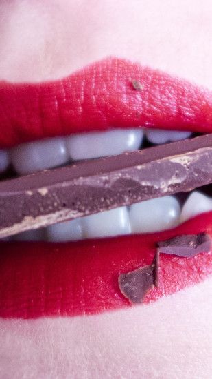 1440x2560 Wallpaper lips, teeth, chocolate, girl, lipstick