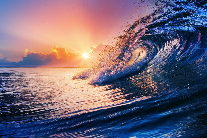 ocean, wave, blue, sea, sky, splash, sunset