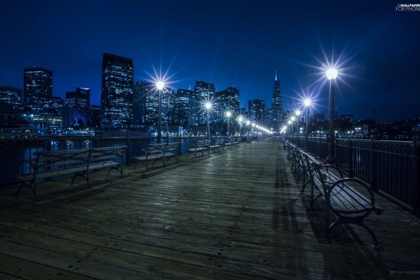 bench, pier, skyscrapers, City at Night, lanterns
