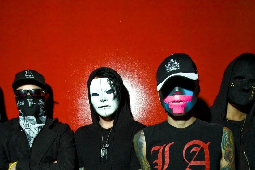 3840x1200 Wallpaper hollywood undead, band, members, masks, wall