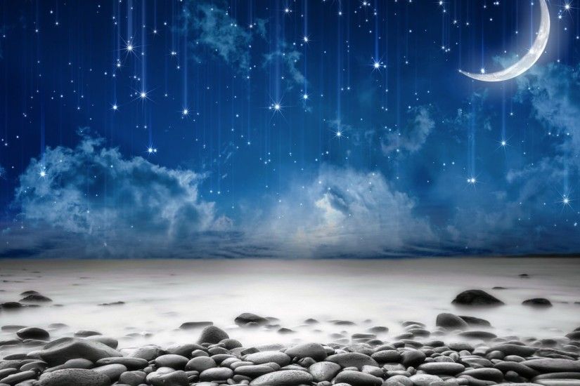 Starry Night Sly Stars Stones Moon Sea Beach Wallpaper 4k
