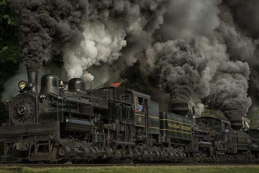 train, Steam Locomotive, Dust, Railway, Wheels, Maryland, USA, Nature,  Trees, Grass, Smoke Wallpapers HD / Desktop and Mobile Backgrounds