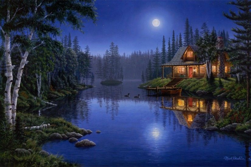 moonlight serenade mark daehlin forest lake light house night moon moonlight  painting ducks