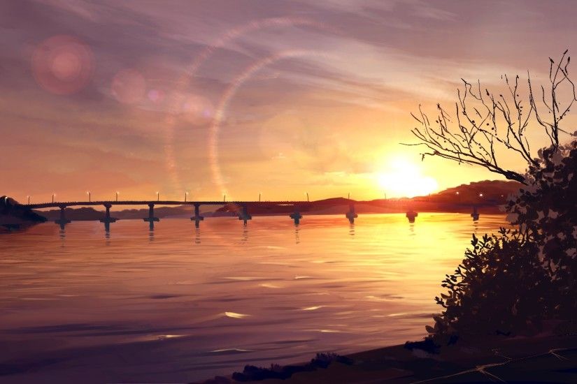 Anime Landscape, Sunset, Bridge, River, Sky, Lens Flare