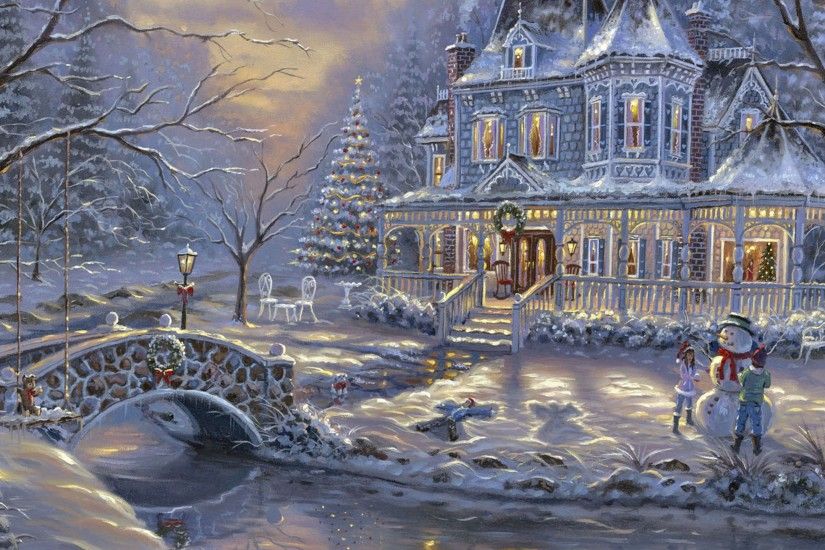 Merry Christmas Scene Victorian Painting December Cobblestone Bridge  Scenery Snow Holiday Illustration Art Artwork Wide Screen