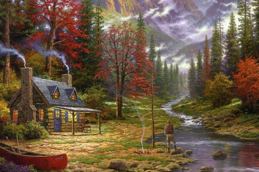 painting, Cottage, Canoes, River, Fishing, Forest, Chimneys, Thomas Kinkade  Wallpapers HD / Desktop and Mobile Backgrounds