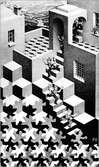 M. C. Escher, Artwork, Optical illusion, Monochrome, Portrait display,  Lithograph, Stairs, Building, Cube Wallpapers HD / Desktop and Mobile  Backgrounds