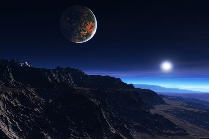 Preview wallpaper exoplanet atmosphere, clouds, stars, moon, mist,  mountains, rocks