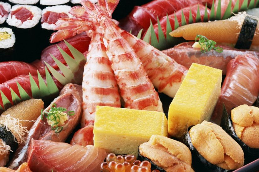 Preview wallpaper food, japanese food, seafood, shrimp, rolls, cheese, eggs