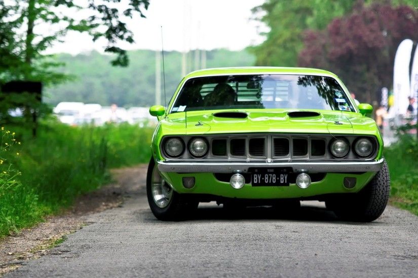 Front view of a green Plymouth Barracuda wallpaper