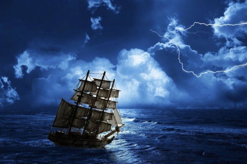 Thunder and lightning at night, offshore sailing Wallpaper .