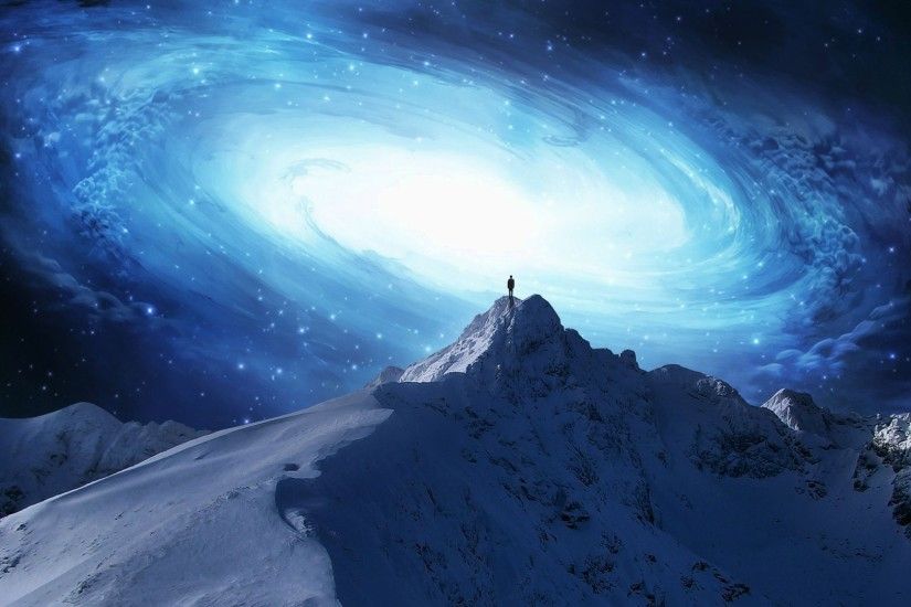 Man on the mountain peak overlooking the galaxy wallpaper 1920x1080 jpg