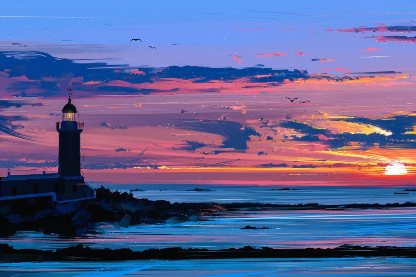 lighthouse, Coast, Drawing, Aenami, Digital art Wallpaper HD