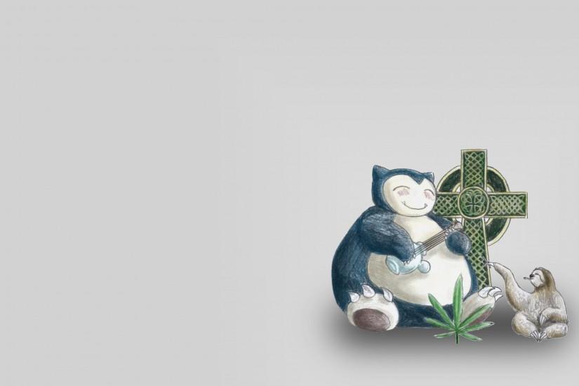 A snorlax and a sloth sitting in front of a giant Celtic cross and behind a  marijuana leaf while the sloth is smoking a joint and the snorlax is  playing a ...