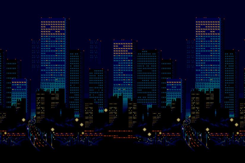 General 1920x1080 pixel art 16-bit Sega Streets of Rage city skyline night  urban