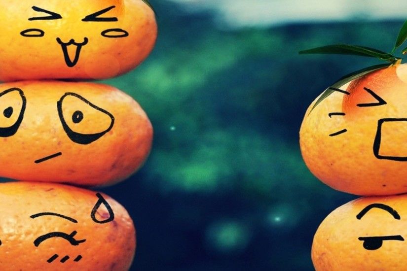 3840x1200 Wallpaper fruit, emoticons, smiley face, table, leaves, bokeh