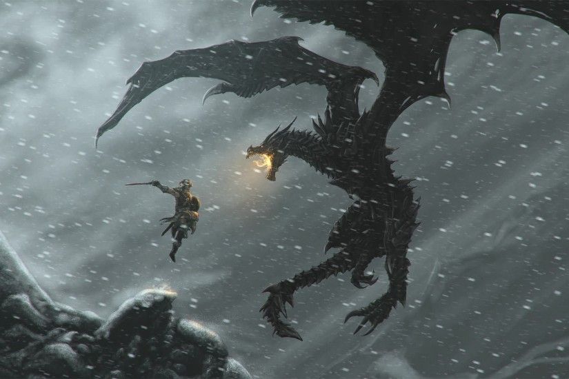 Wallpaper The Elder Scrolls V: Skyrim dragon and warrior