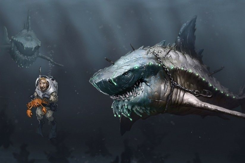 digital Art, Fish, Underwater, Shark, Crabs, Divers, Bubbles, Chains, Dark  Humor, Knife Wallpapers HD / Desktop and Mobile Backgrounds