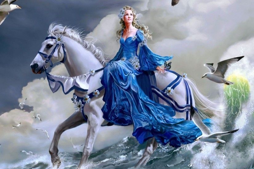 Fantasy Women Woman Fantasy Horse Bird Water Ocean Wallpaper