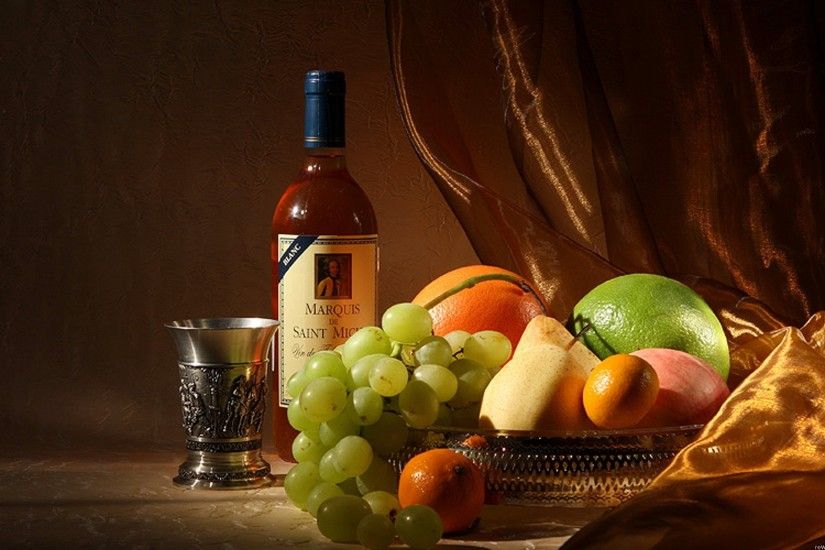 2560x1600 Wallpaper wine, bottle, fruit, still life