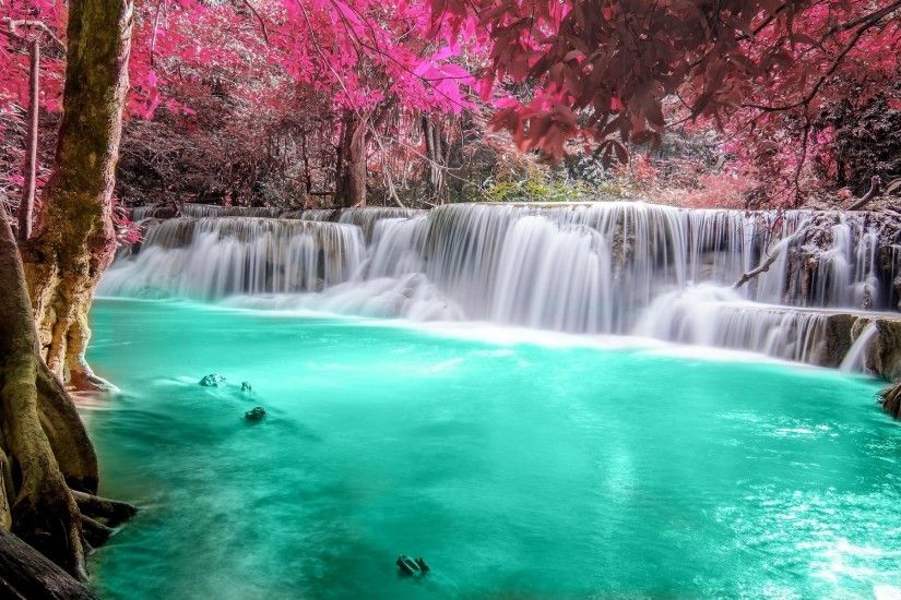 waterfall, Forest, Colorful, Nature, Thailand, Trees, Landscape, Pink,  Turquoise, White, Tropical, River, Pond, Leaves Wallpapers HD / Desktop and  Mobile ...