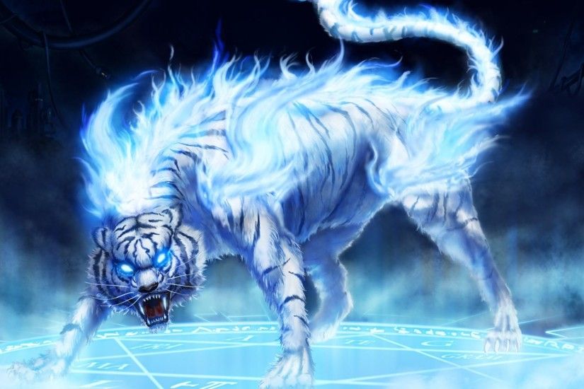 Wallpapers Backgrounds - Flames Ice Tigers Artwork Blue Background