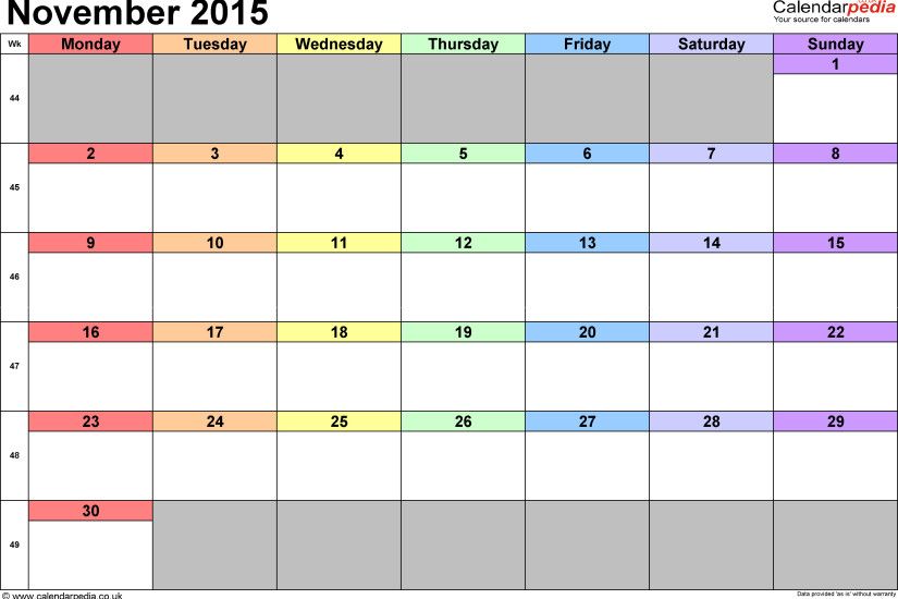 Calendar November 2015 in landscape format (3 templates)