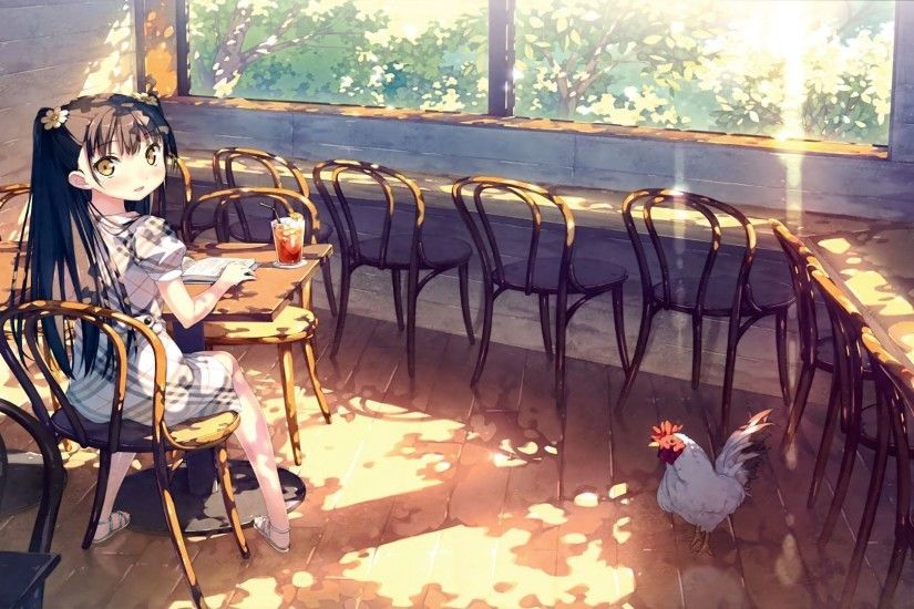 Girl sitting in a village cafe wallpaper