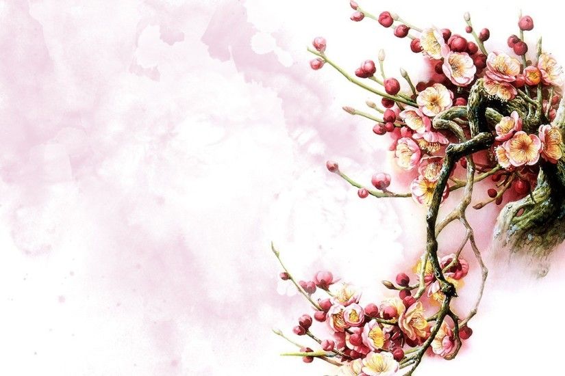 Oriental Painting Fleur Flower Blossoms Watercolor Pink Chinese Spring  Floral Tree Sakura Flowers Wallpaper Large Size Detail
