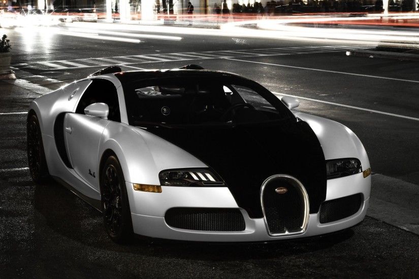 bugatti veyron supercar white black city night light