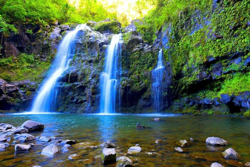 Moss Triple Waterfalls Pool Rocks Wonderful Falls Waterfall Desktop  Wallpaper Free Download