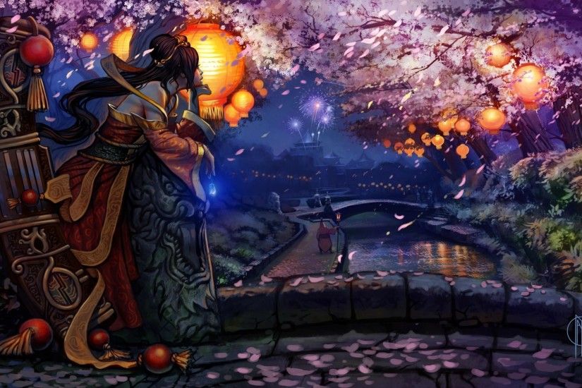 HD League Legends Girl Kimono Bridge Cherry Blossom Flashlights Fantasy  Background Images Wallpaper