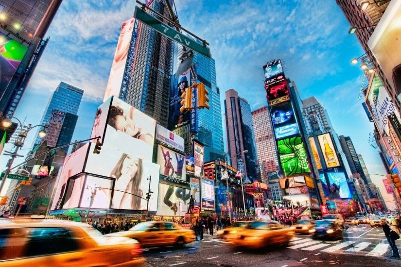 Skyscrapers - Bustling Times Square Nyc City Stree Skyscrapers Ads Cars  High Quality Picture for HD