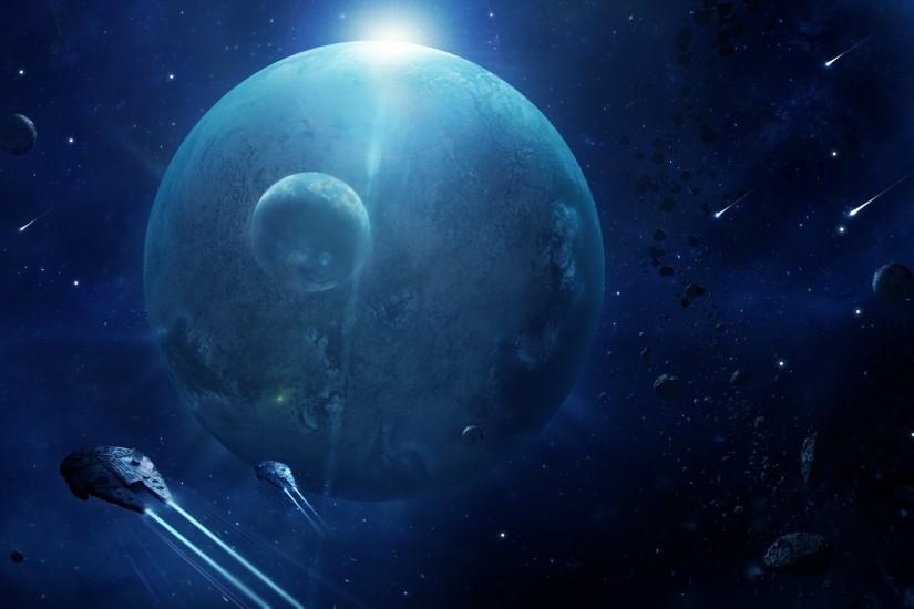 Star Wars Millennium Falcon Blue Spaceship Planets Stars Debris Starlight  sci-fi movies spacecraft wallpaper | 1920x1080 | 43907 | WallpaperUP
