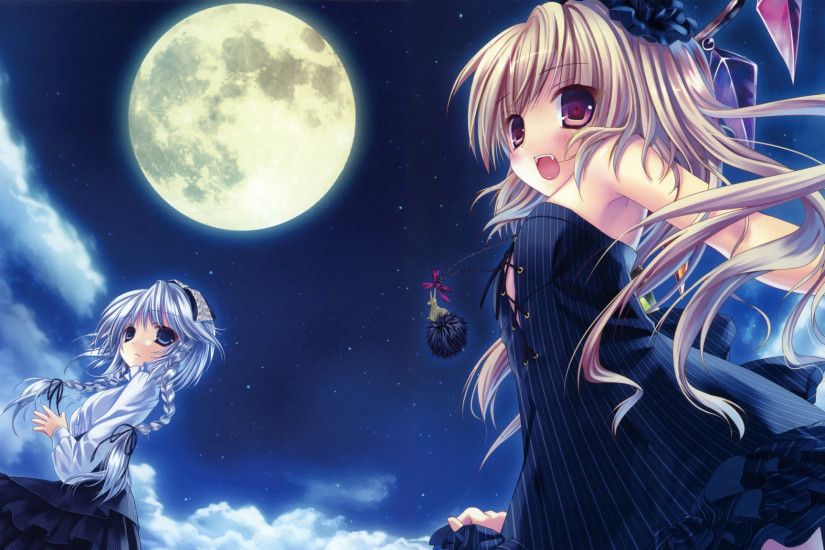 Preview wallpaper anime, girl, vampire, night, moon 2048x1152