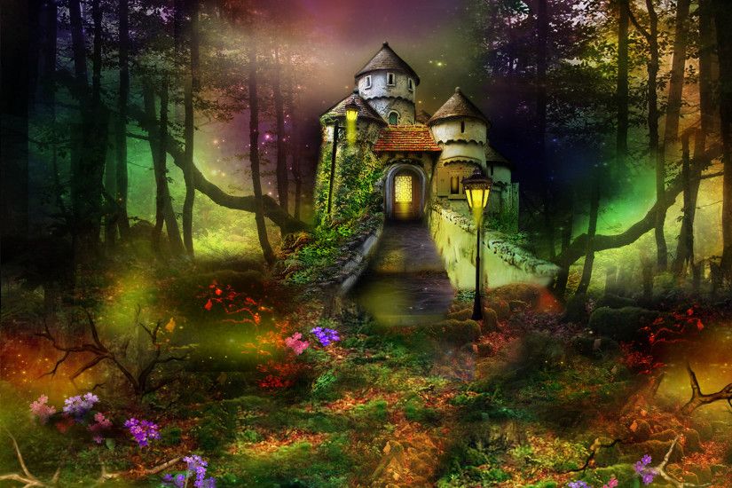 Fantasy - Artistic Fantasy Castle Forest Lantern Flower Wallpaper
