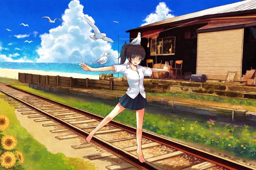 anime, School Uniform, Birds, Anime Girls, Original Characters, Railway,  Blue, Manga Wallpaper HD