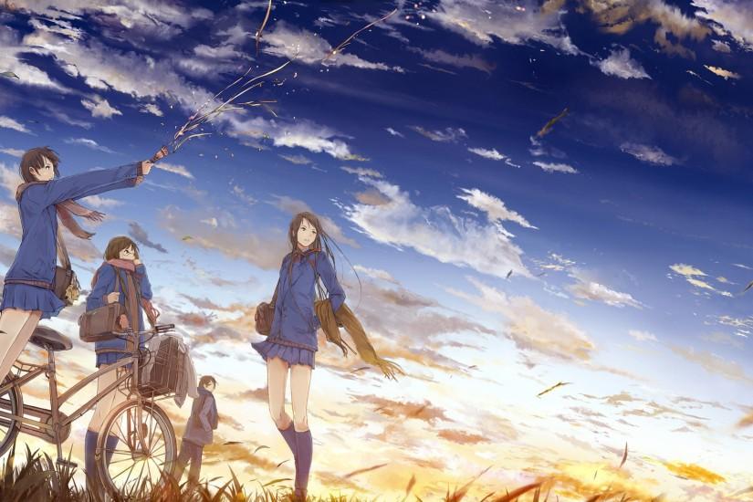 original Characters, Bicycle, School Uniform, Clouds, Sky, Anime Girls,  Anime, Sunset, Schoolgirls Wallpaper HD