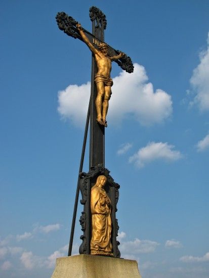 mama mary and jesus christ on cross sculpture