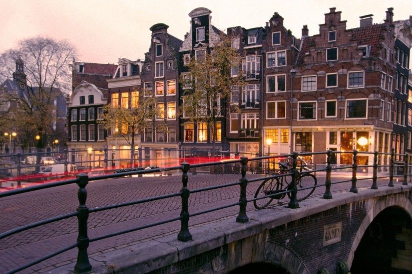 3840x2160 Wallpaper canal, sunrise, amsterdam, netherlands