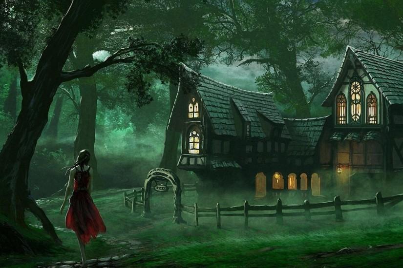Spooky House Fantasy Forest Wallpaper